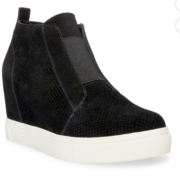 Steve Madden 7 black Suede leather platform Wedge side zip hidden heel Sneaker - Picture 3 of 10